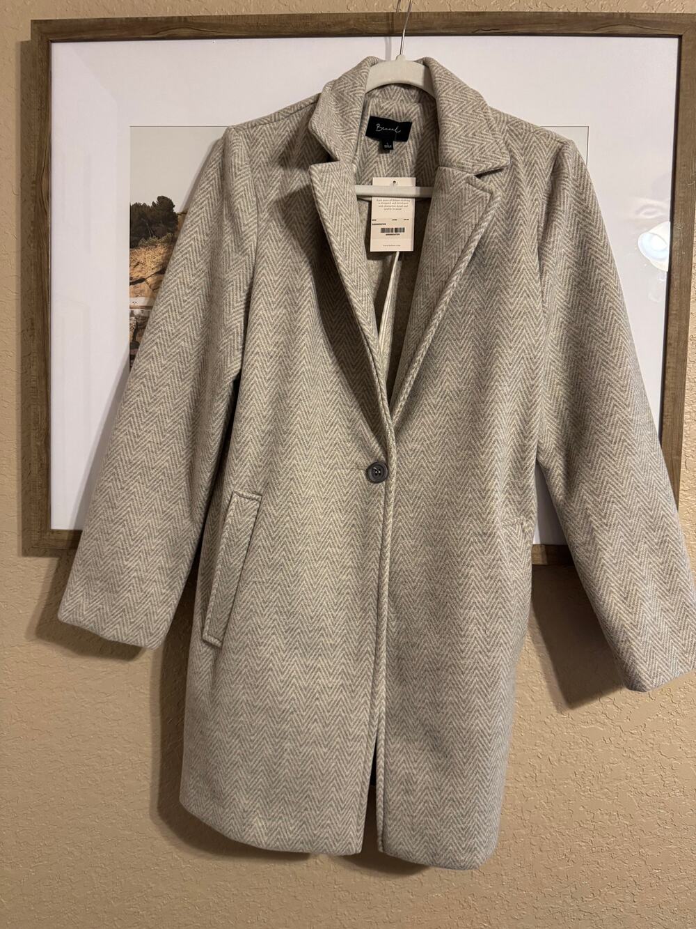 NWT Bohme Women's Large Beige Cream Herringbone Chevron Single Button Long Coat